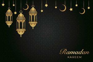 eid al-fitr mubarak greeting card with lanterns and crescent vector