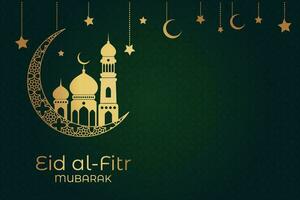 eid mubarak greeting card with mosque and crescent vector