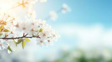 AI generated blossoming fruit tree branch against blue sky, spring background photo