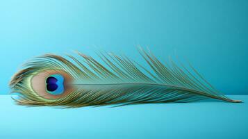 ai generado pavo real pluma en pálido azul antecedentes foto