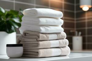 AI generated stack of light-colored towels in the bathroom photo