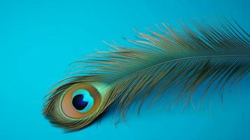 AI generated peacock feather on pale blue background photo