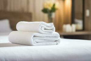 AI generated stack of neatly folded white towels on a bed in a hotel room photo