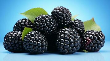 AI generated blackberry fruits on a pale blue background photo