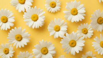 AI generated daisies on a pale yellow background, top view photo