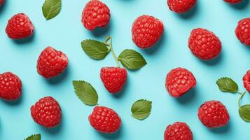 AI generated ripe raspberry fruit on a blue background photo