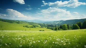 ai generado paisaje foto de un verde floración prado en un soleado verano día