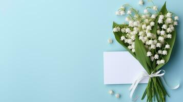 AI generated pale blue background with a bouquet of lilies of the valley and a greeting card, free space for text photo