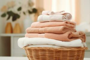 AI generated stack of light-colored towels in the bathroom photo
