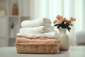 AI generated stack of light towels in a wicker basket in the bathroom photo