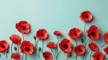 AI generated red poppy flowers on a light blue background photo