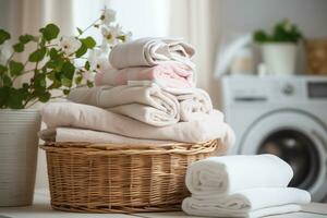 AI generated stack of light towels in a wicker basket in the bathroom photo