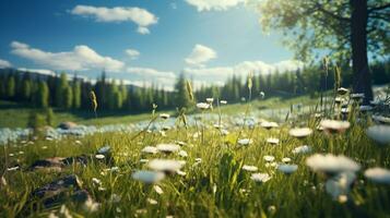 AI generated landscape photo of a green flowering meadow on a sunny summer day