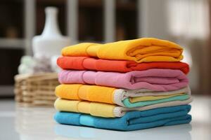 AI generated A stack of neatly folded colorful towels in a wicker basket on the bathroom nightstand photo