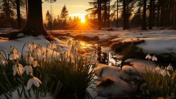 AI generated clearing with snowdrops in the spring forest at sunset photo