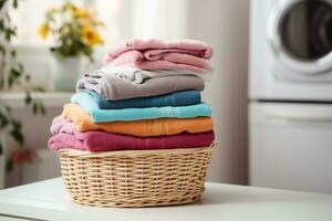 AI generated A stack of neatly folded colorful towels in a wicker basket on the bathroom nightstand photo