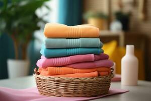 AI generated A stack of neatly folded colorful towels in a wicker basket on the bathroom nightstand photo