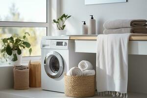 AI generated bright, cozy bathroom with a washing machine and a stack of white towels by the sink photo