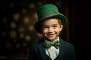 AI generated cheerful little boy wearing traditional green St. Patrick's top hat photo