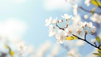 AI generated blossoming fruit tree branch against blue sky, spring background photo