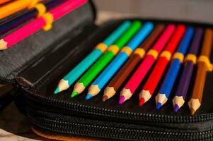 multi-colored pencils in a schoolboy's pencil case photo