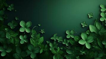 AI generated green background with clover leaves. St. Patrick's Day background photo