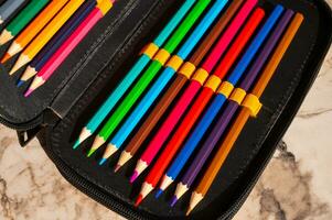 multi-colored pencils in a schoolboy's pencil case photo