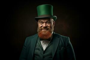 AI generated cheerful bearded red-haired  man in a large traditional St. Patrick's top hat photo