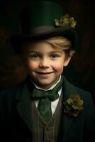 AI generated cheerful little boy wearing traditional green St. Patrick's top hat photo