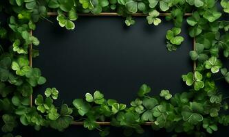 AI generated frame of clover leaves on a green background. Festive background for St. Patrick's Day photo