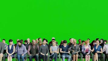 vicino su 3d gruppo di spettatore seduta su sedie con verde schermo video