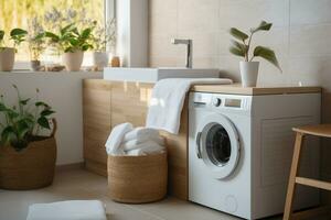 ai generado brillante, acogedor baño con un Lavado máquina y un apilar de blanco toallas por el lavabo foto