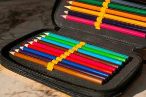 multi-colored pencils in a schoolboy's pencil case photo