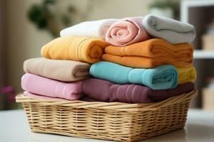 AI generated A stack of neatly folded colorful towels in a wicker basket on the bathroom nightstand photo