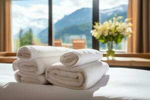 AI generated a stack of white towels on a bed in a hotel room, against the backdrop of a panoramic window overlooking green alpine meadows photo