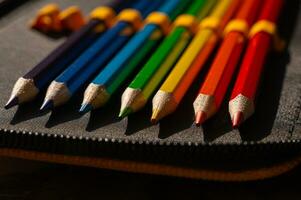 multi-colored pencils in a schoolboy's pencil case photo