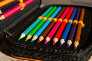 multi-colored pencils in a schoolboy's pencil case photo
