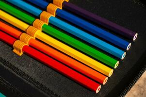 multi-colored pencils in a schoolboy's pencil case photo