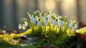 ai generado claro con campanillas en el primavera bosque a puesta de sol foto