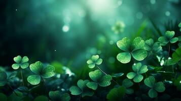 AI generated green background with clover leaves and bokeh. Festive background for St. Patrick's Day photo