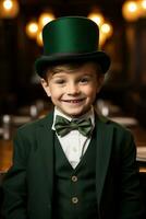 AI generated cheerful little boy wearing traditional green St. Patrick's top hat photo