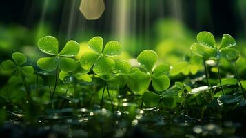 ai generado trébol campo, hojas de cerca, agua gotas, bokeh y luz de sol en el antecedentes. San Patricio 's día foto