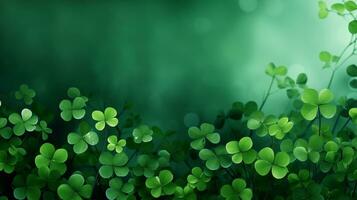 AI generated green background with clover leaves and bokeh. Festive background for St. Patrick's Day photo