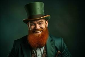 AI generated cheerful bearded red-haired  man in a large traditional St. Patrick's top hat photo