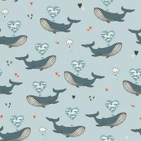 seamless vector pattern with whales and hearts on it
