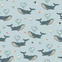 seamless vector pattern with whales and hearts on it