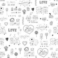 Valentine's day love doodle objects and animals seamless line pattern. vector