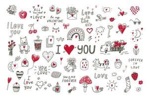 Valentine's day love doodle objects illustrations set. vector