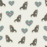 seamless vector pattern with cats and hearts on a light background