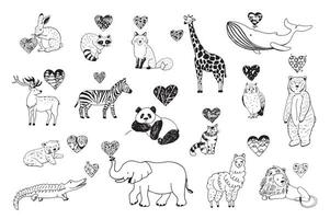 a set of animals and hearts in black and white vector